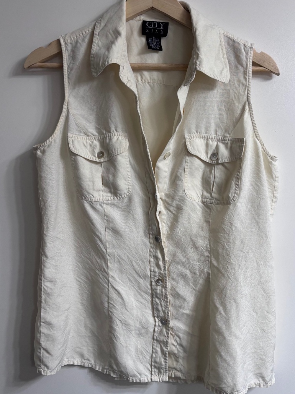 Vintage City Silk Cream Sleeveless Button Down Utility Blouse Shirt  100% SIlk